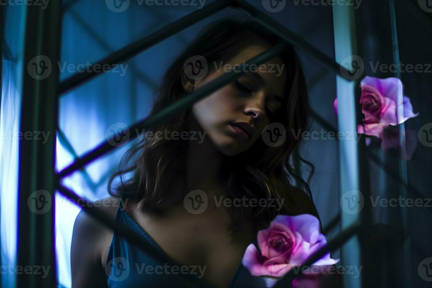 a woman in a blue dress standing in front of a window with pink roses generative AI photo