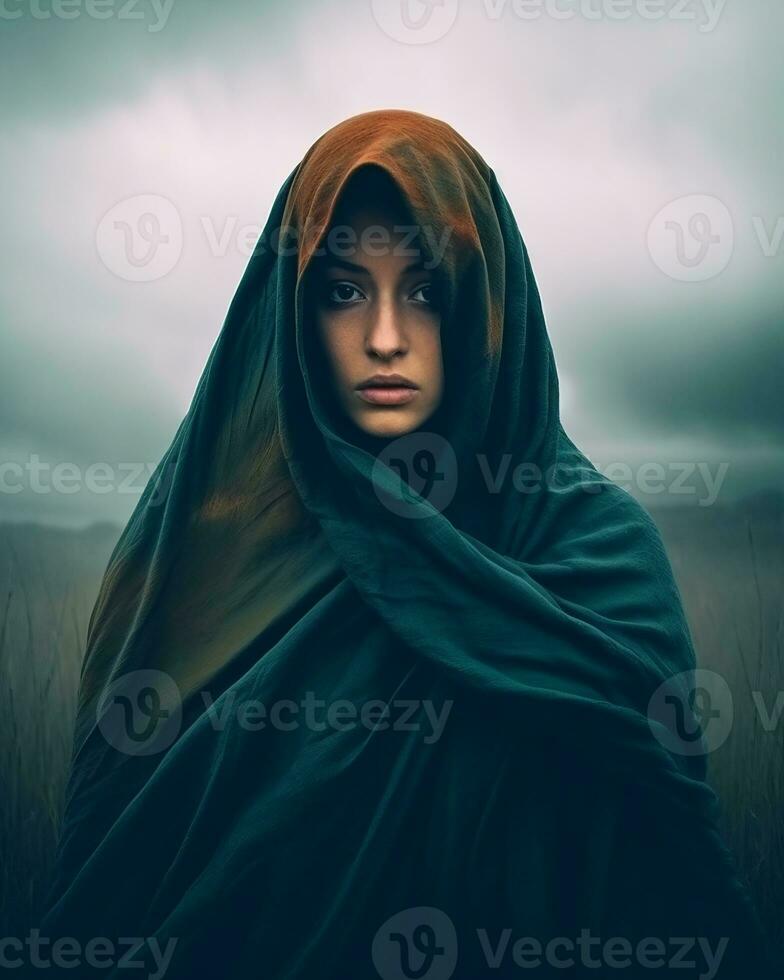 a woman in a dark cloak standing in the middle of a field generative AI photo