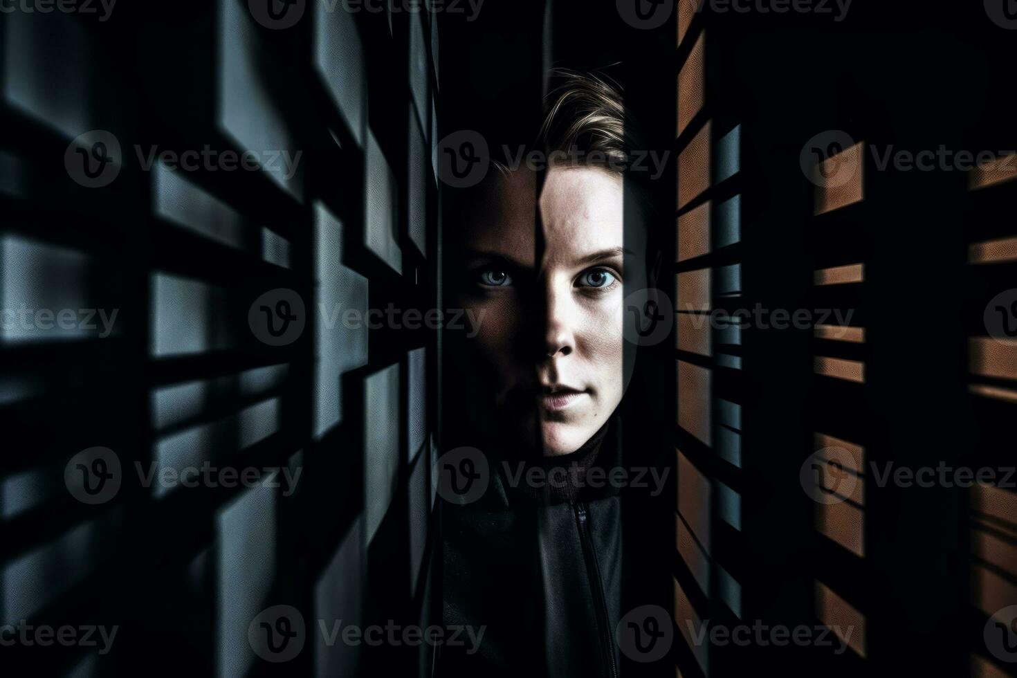 a woman in a dark room looking through a window generative AI photo