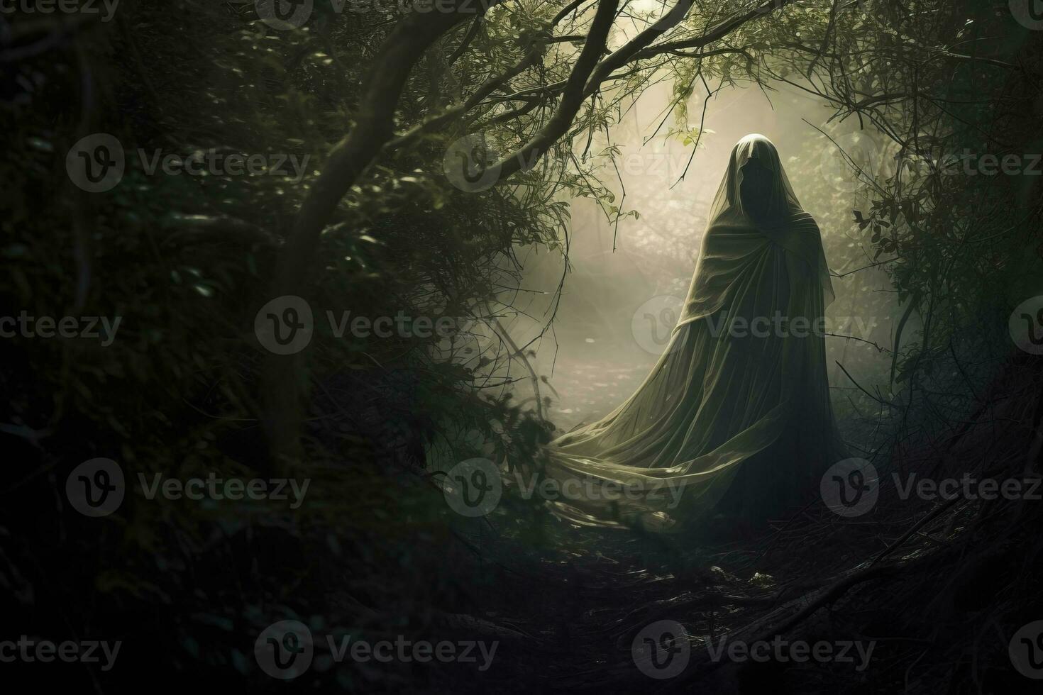 a woman in a cloak is standing in the woods generative AI photo