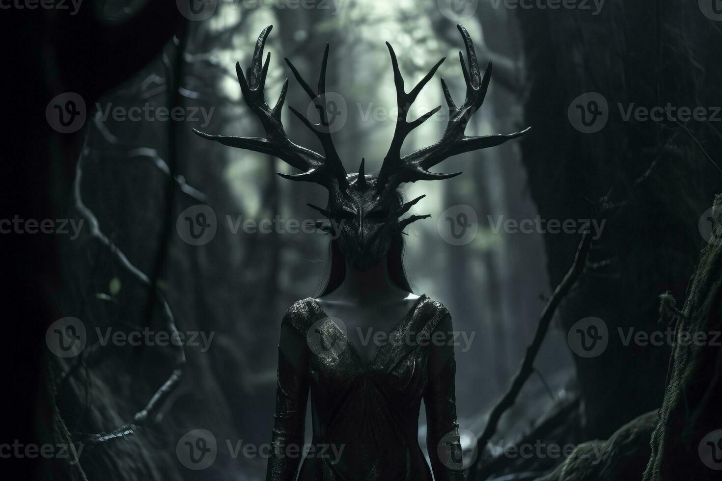 a woman in a forest with deer horns on her head generative AI photo
