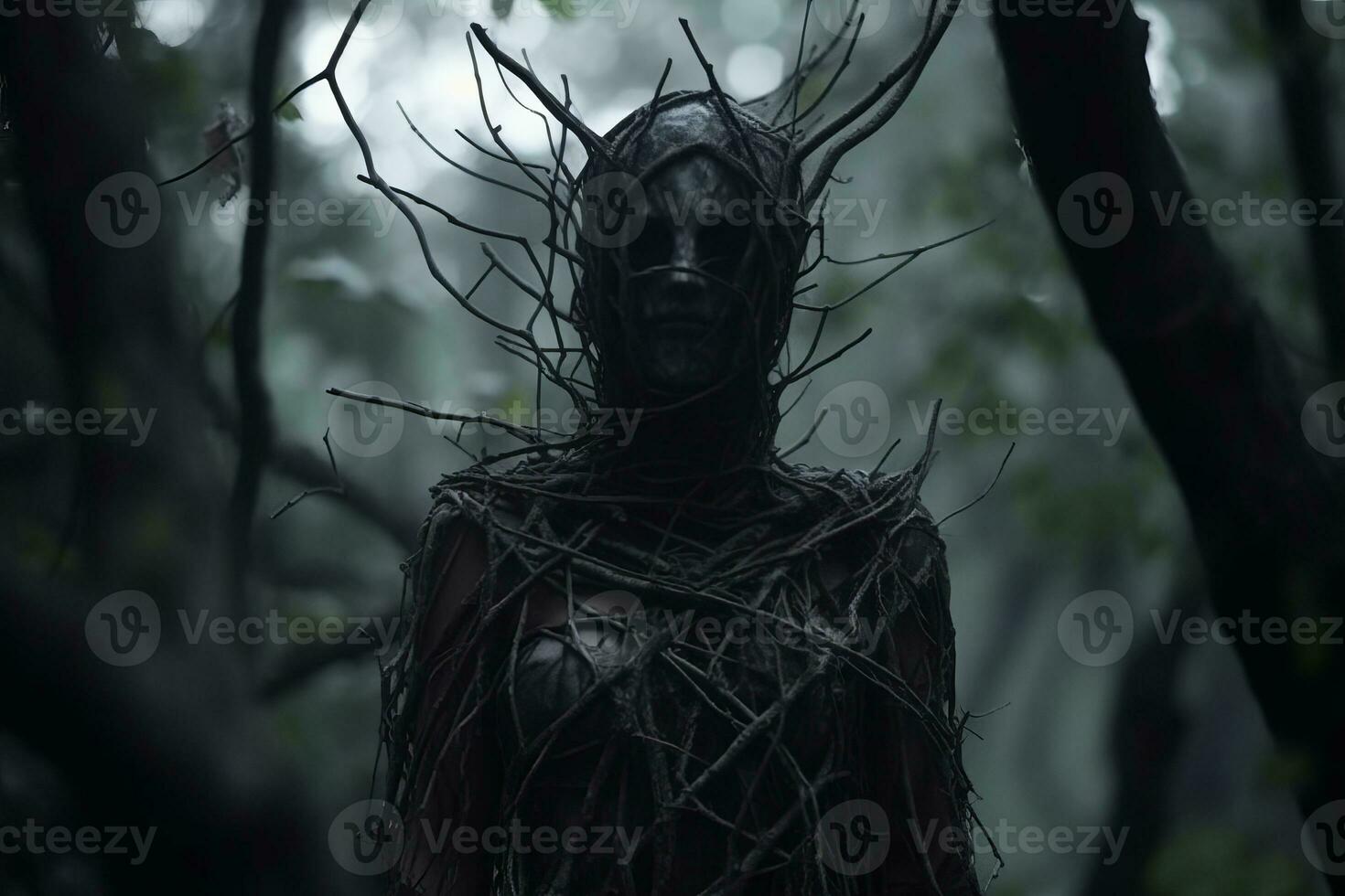 a woman in a forest with branches on her face generative AI photo