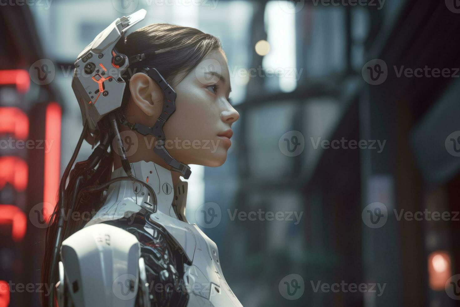 a woman in a futuristic outfit standing in the middle of a city street generative AI photo
