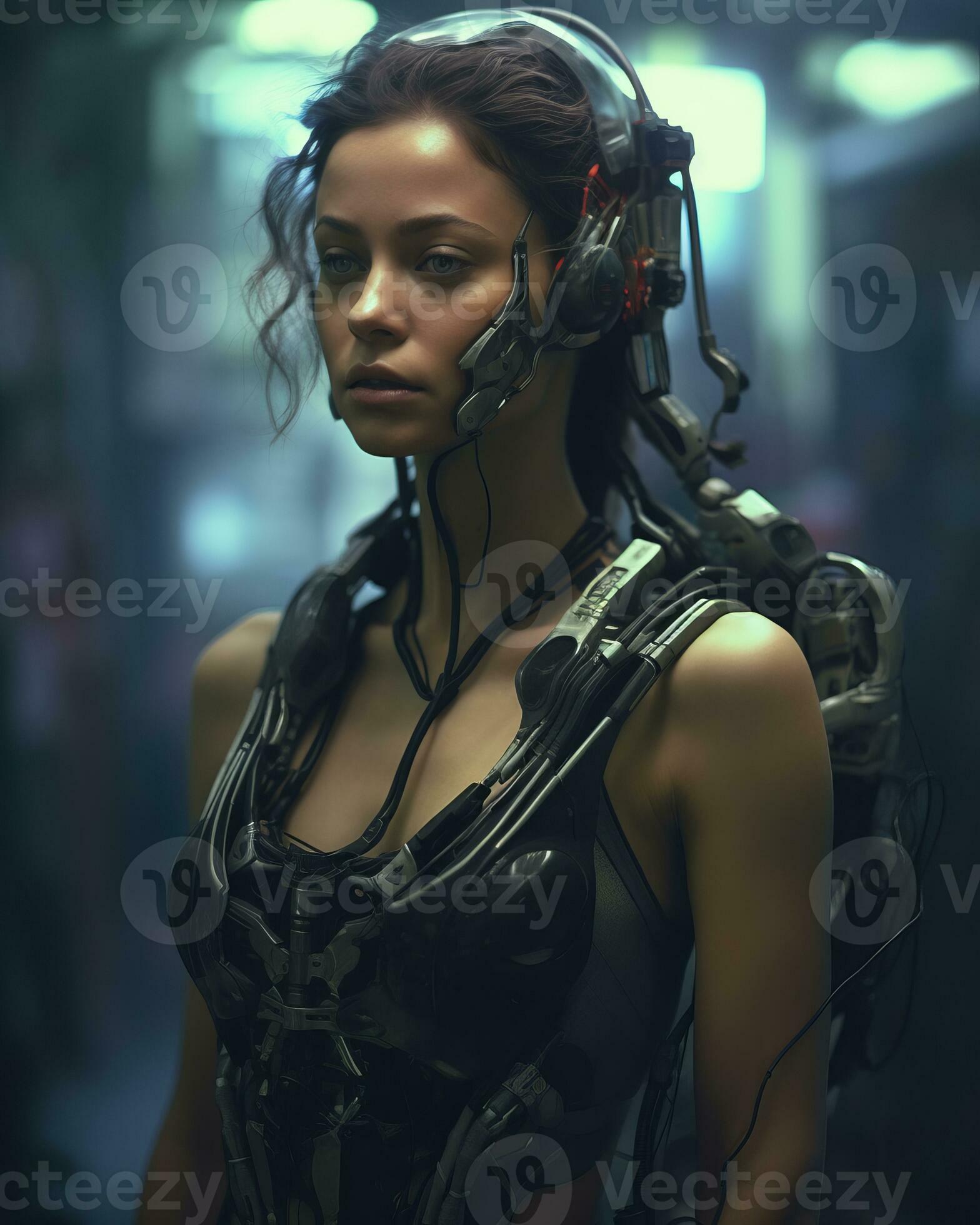 Beautiful woman in casual clothing, looking away, wearing futuristic  headphones generated by AI 28061856 Stock Photo at Vecteezy