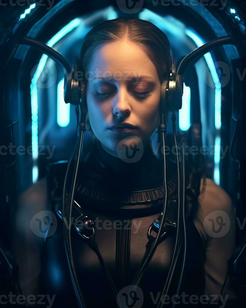 a woman in a futuristic space suit with headphones generative AI photo