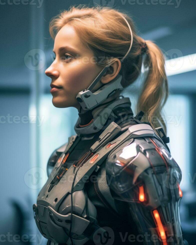 a woman in a futuristic suit standing in an office generative AI photo