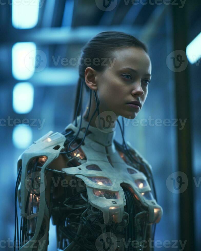 a woman in a futuristic suit standing in a hallway generative AI photo