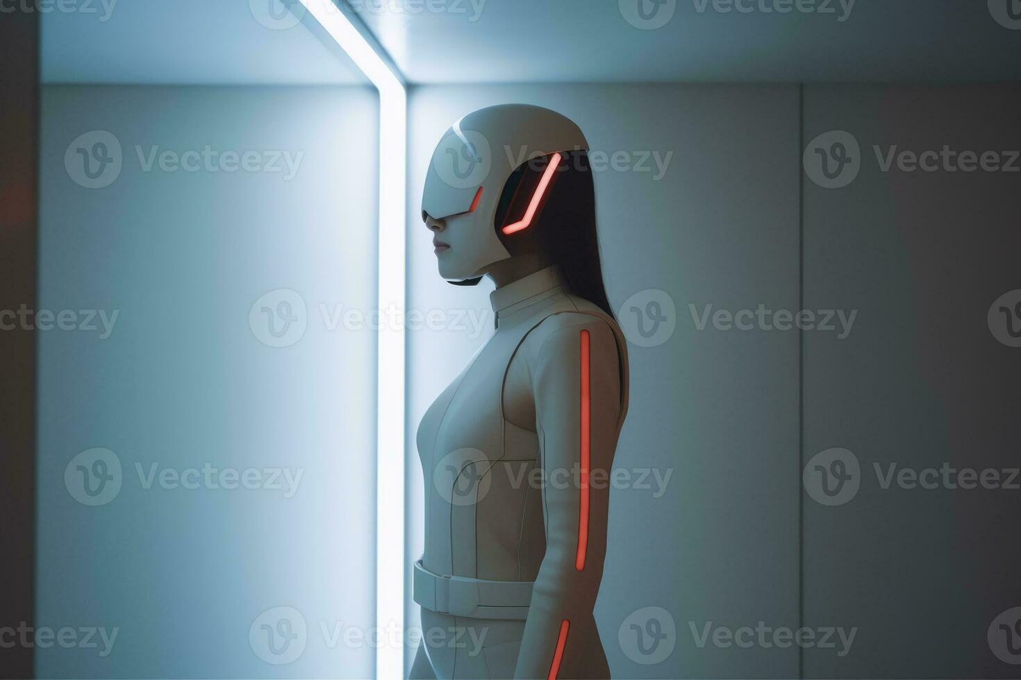 a woman in a futuristic suit standing in front of a mirror generative AI photo