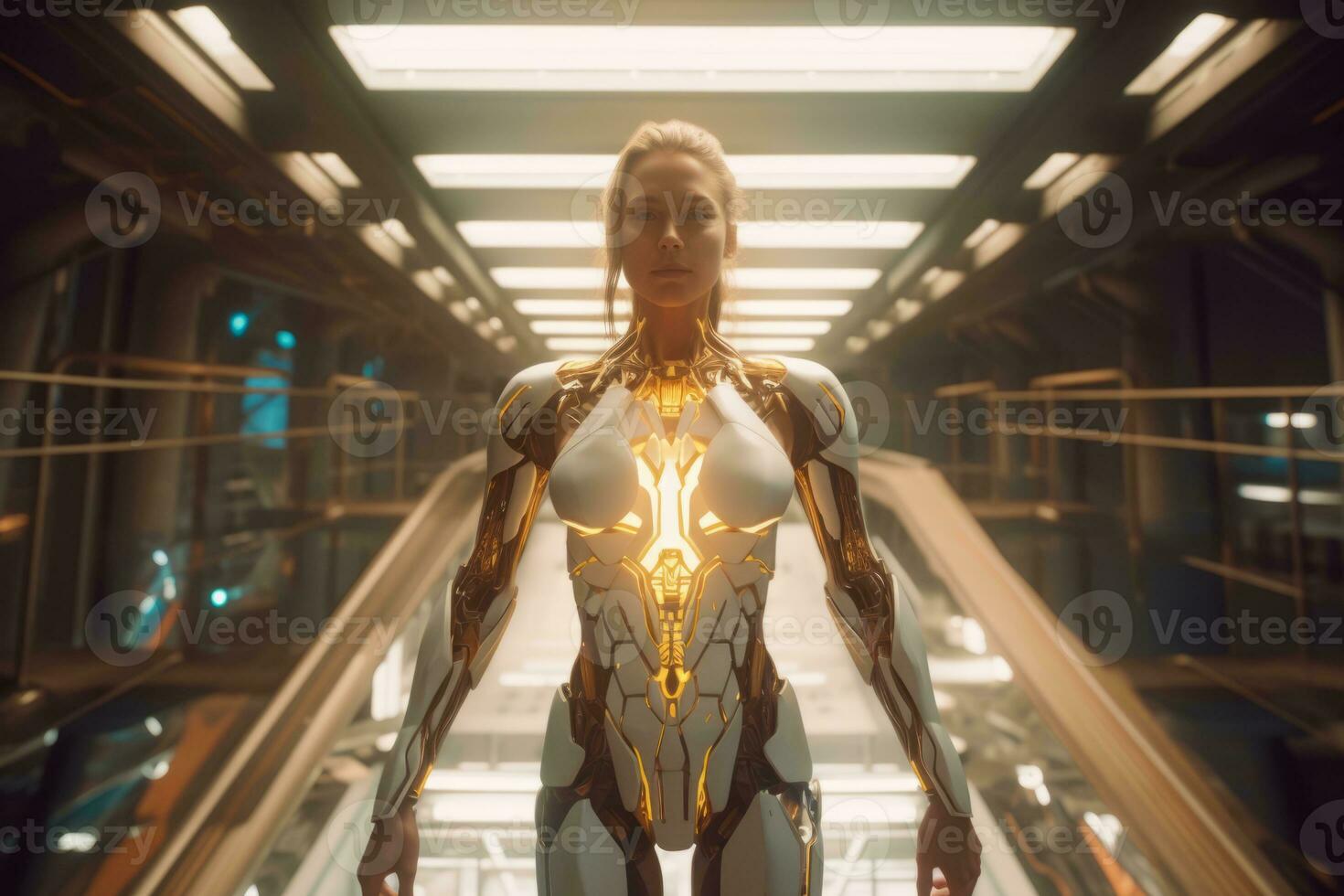 a woman in a futuristic suit standing on an escalator generative AI photo