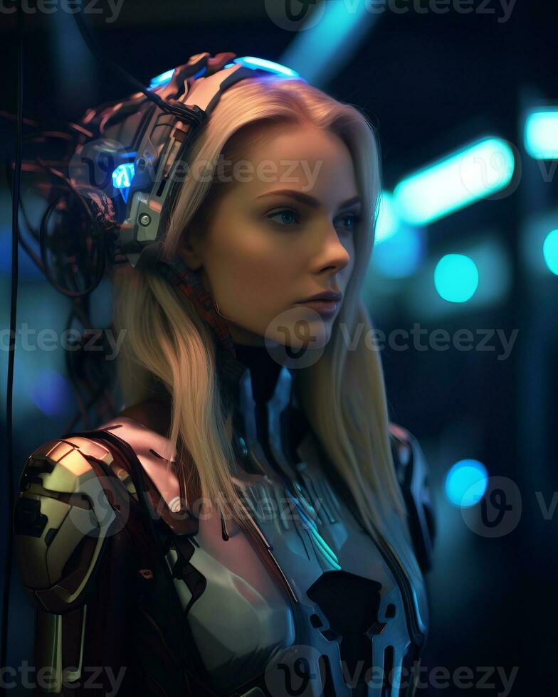 a woman in a futuristic suit with glowing eyes generative AI photo