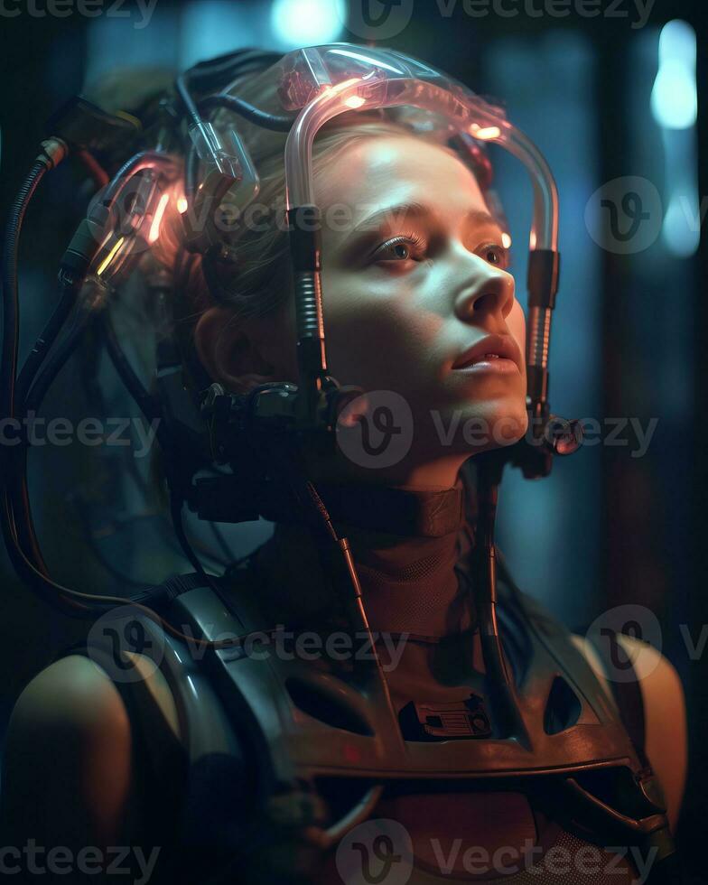 a woman in a futuristic suit with glowing lights on her head generative AI photo