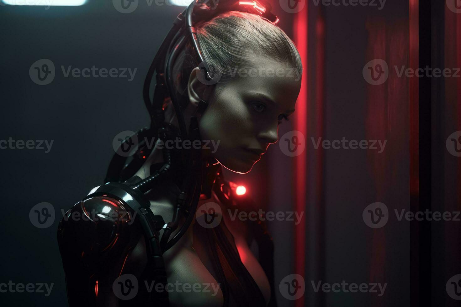 a woman in a futuristic suit with red lights generative AI photo
