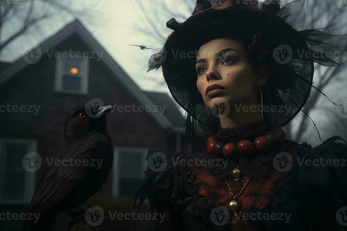 a woman in a gothic costume with a crow on her shoulder generative AI photo