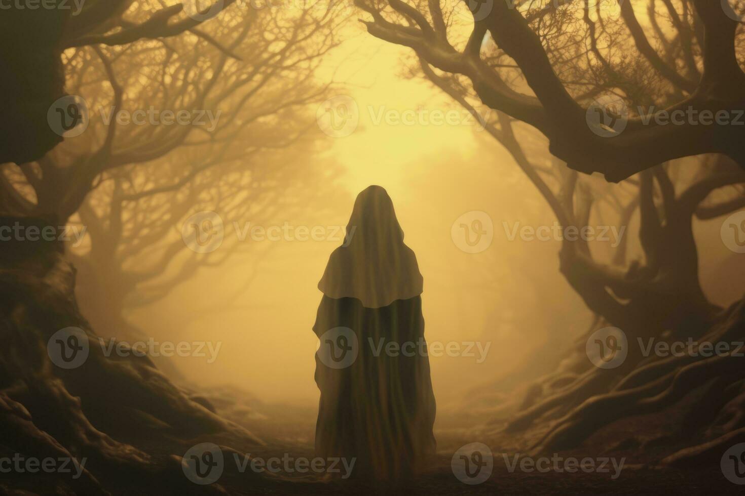 a woman in a hooded robe stands in the middle of a dark forest generative AI photo