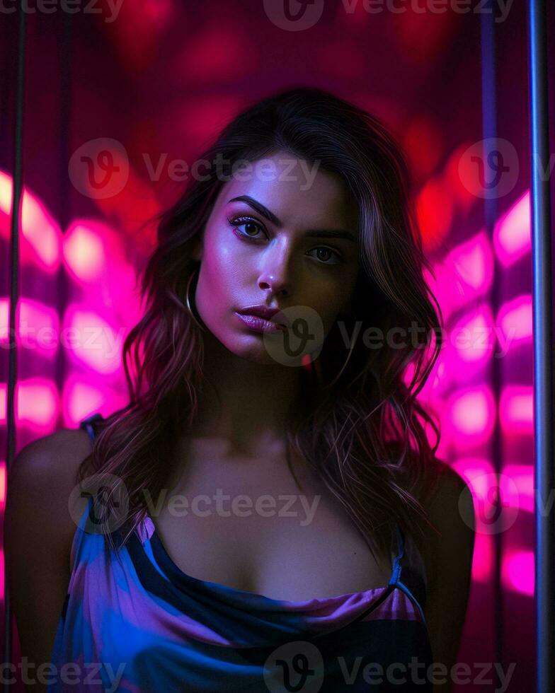 a woman in a pink dress standing in front of neon lights generative AI photo