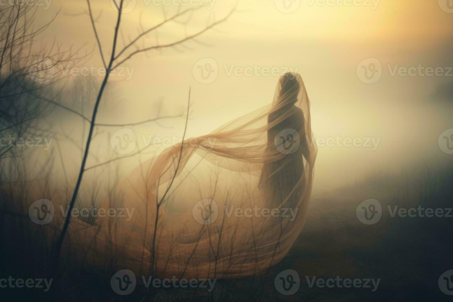 a woman in a long veil is standing in a foggy field generative AI photo
