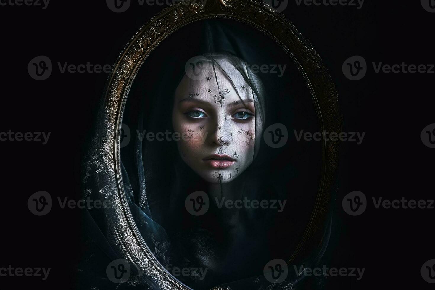 a woman in a mirror with dark makeup on her face generative AI photo