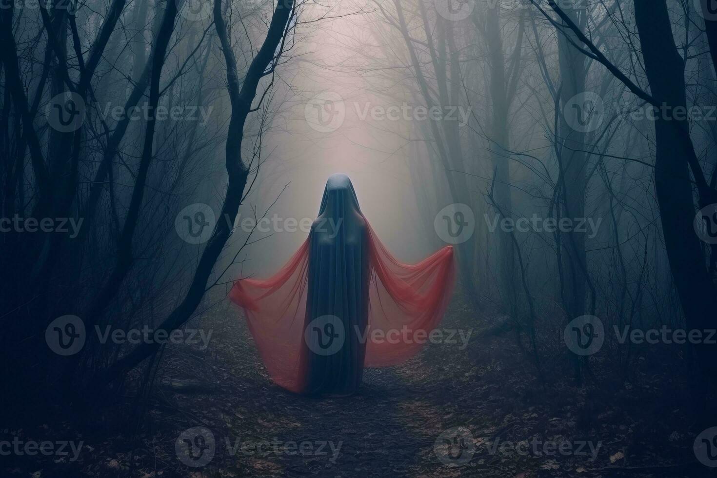 a woman in a red cloak is walking through the woods generative AI photo
