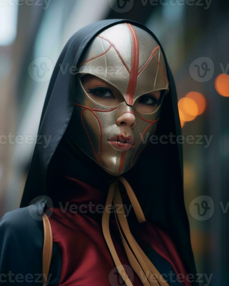 a woman in a red and gold costume with a mask generative AI photo