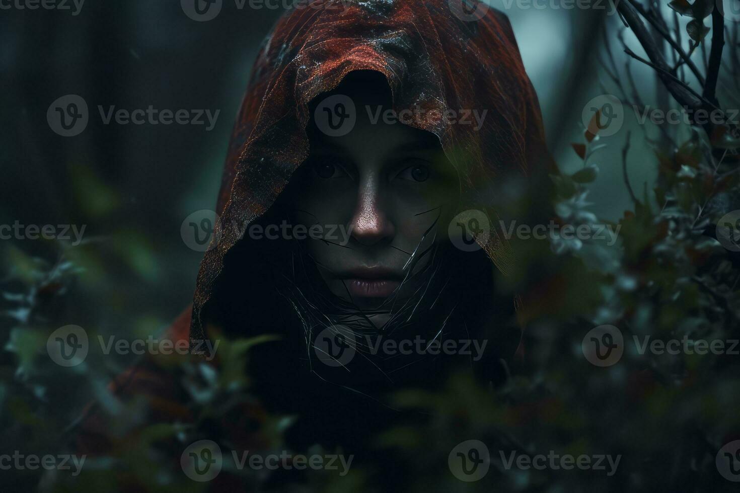 a woman in a red hoodie in the woods generative AI photo