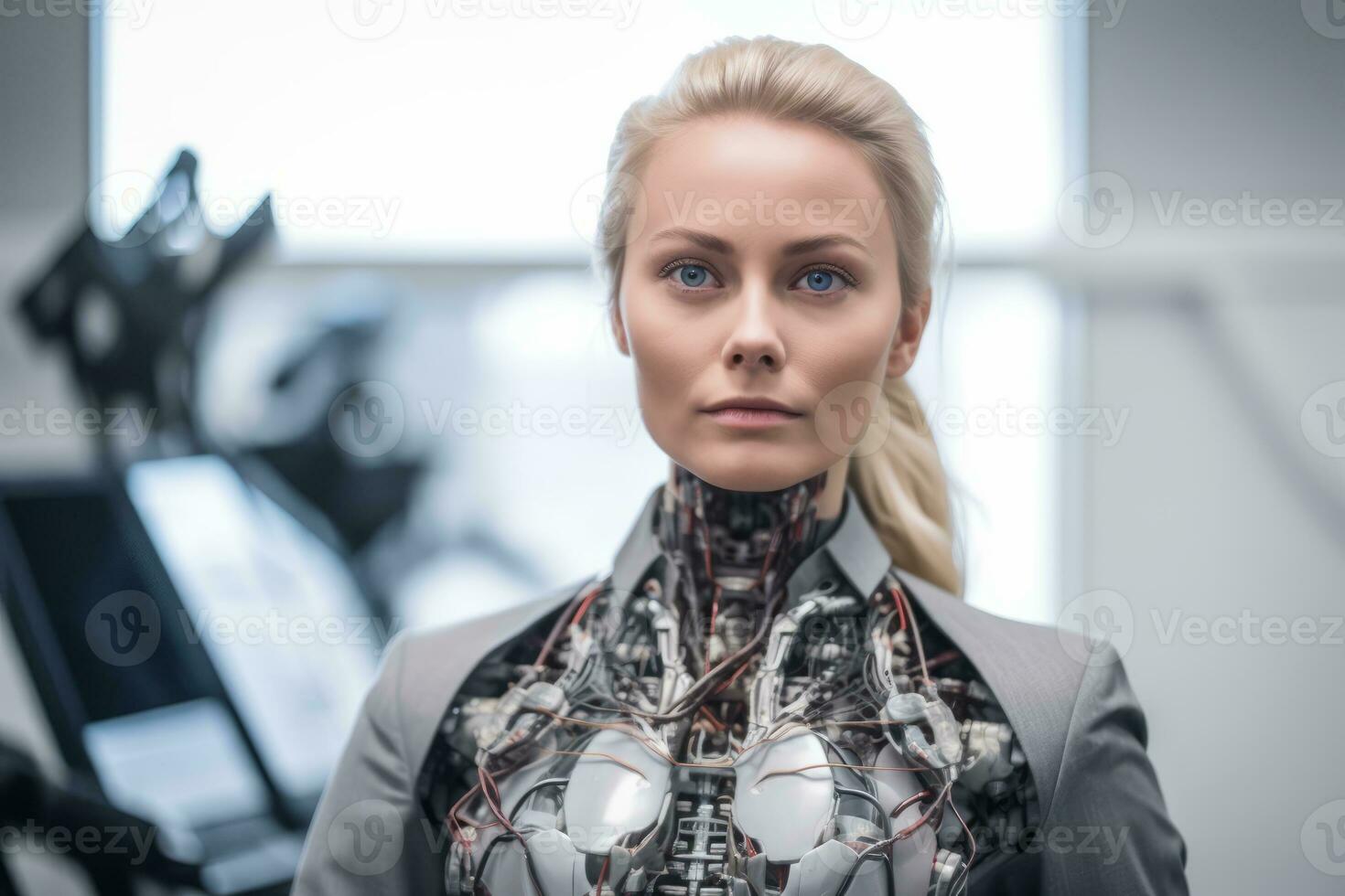 a woman in a robot suit standing in front of a computer generative AI photo