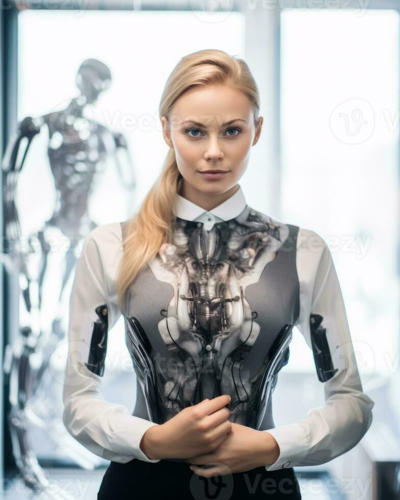 a woman in a shirt and tie standing in front of a robot generative AI photo