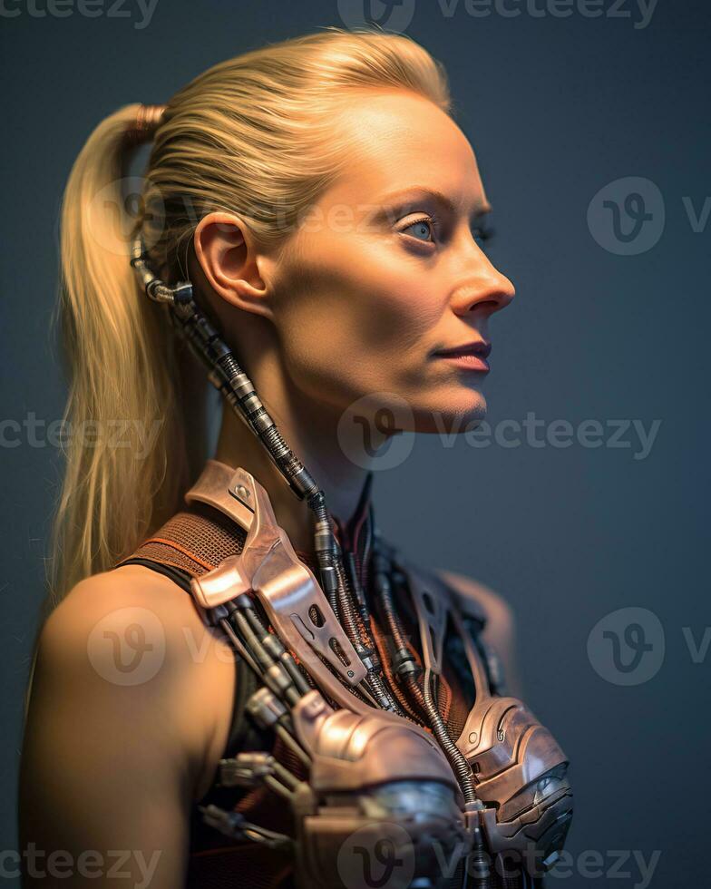 a woman in a robot suit with her hair tied up in a ponytail generative AI photo