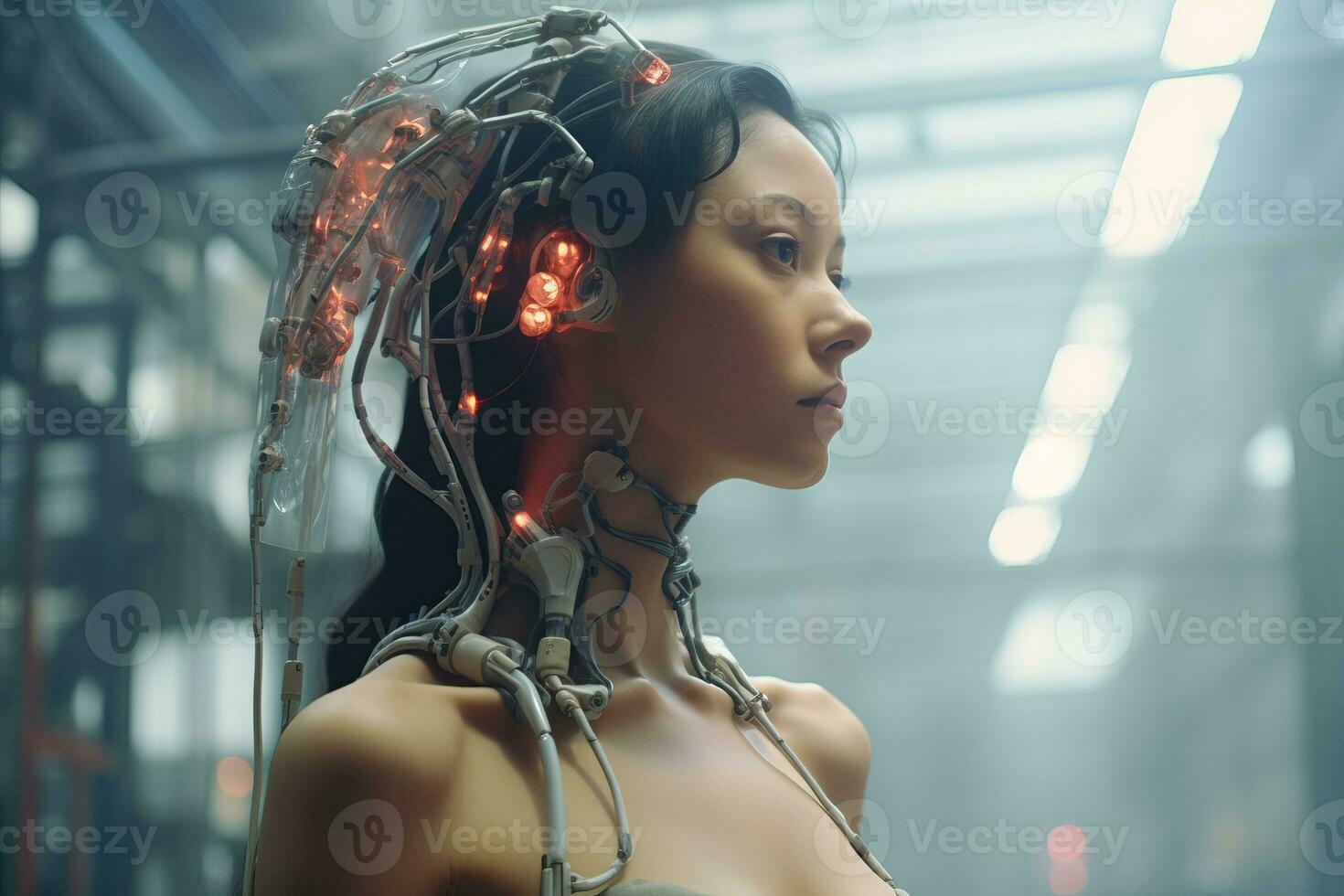 a woman in a robot suit with wires attached to her head generative AI photo