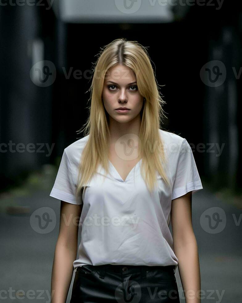 a woman in a white shirt and black leather pants standing in an alleyway  generative AI 28359870 Stock Photo at Vecteezy