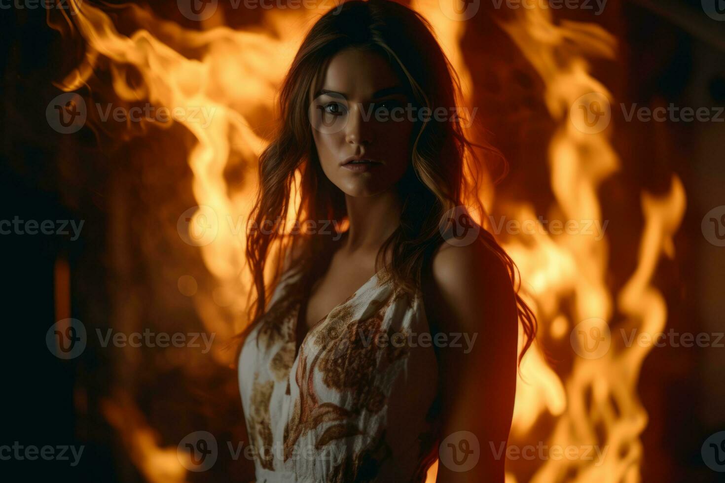 un mujer en un blanco vestir en pie en frente de llamas generativo ai foto
