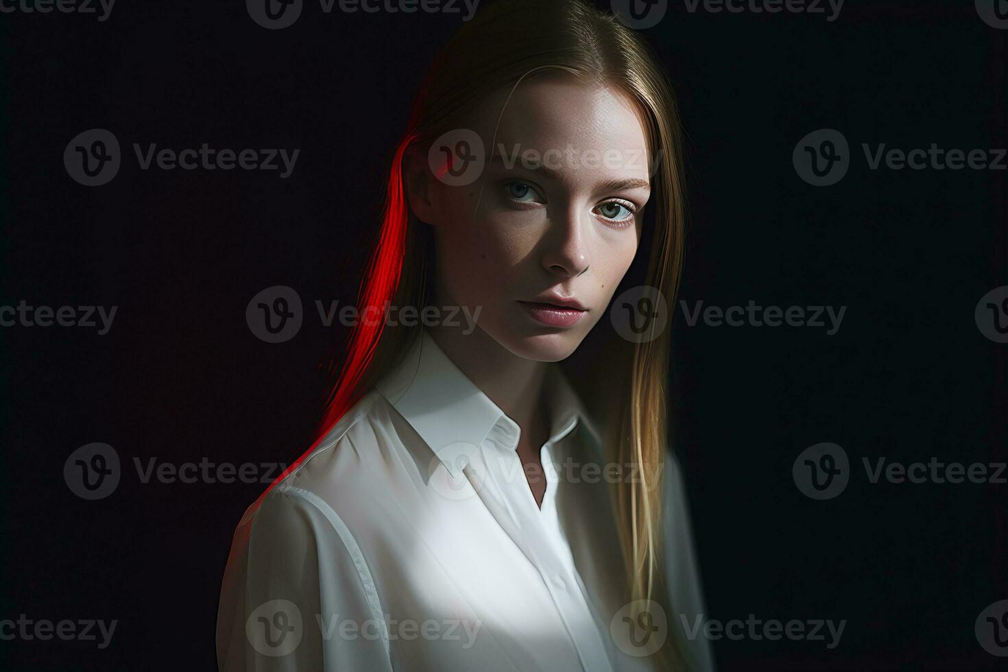 a woman in a white shirt and red light generative AI photo