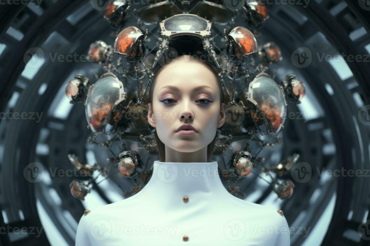 a woman in a white shirt is surrounded by a bunch of metal objects generative AI photo