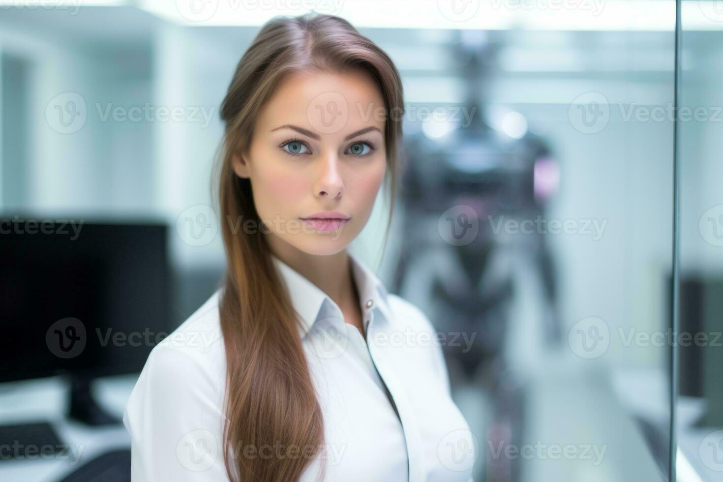 a woman in a white shirt standing in front of a computer generative AI photo