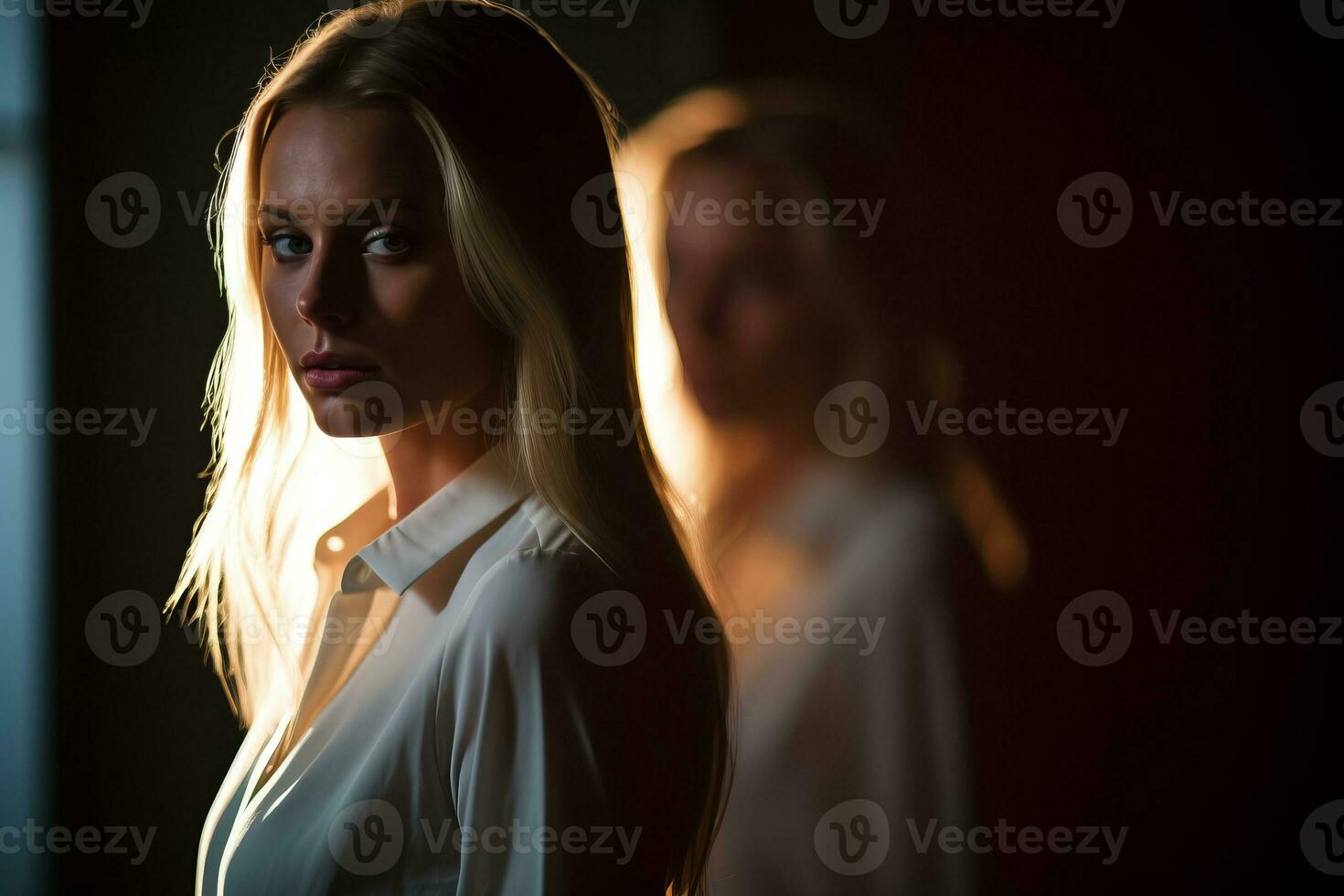 a woman in a white shirt standing in front of a window generative AI photo