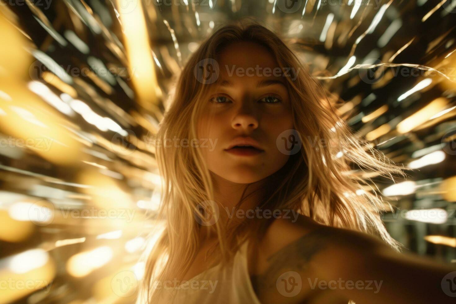 a woman in a white tank top is looking at the camera generative AI photo
