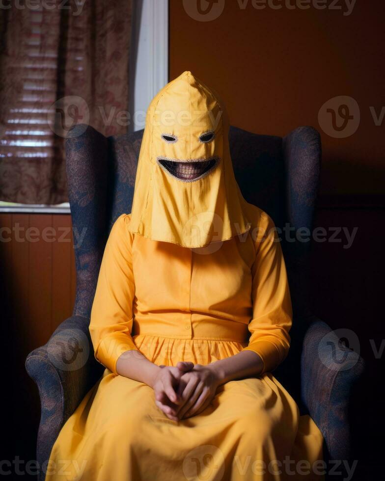 a woman in a yellow dress sitting in a chair generative AI photo