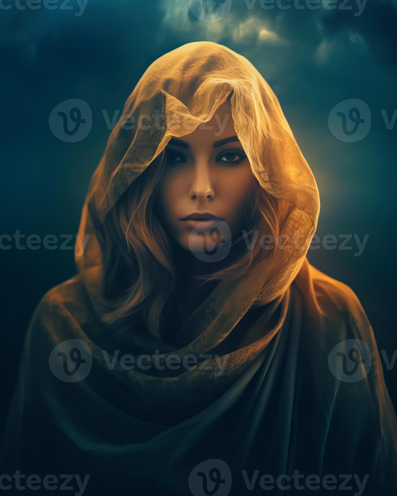 a woman in a yellow robe with dark clouds in the background generative