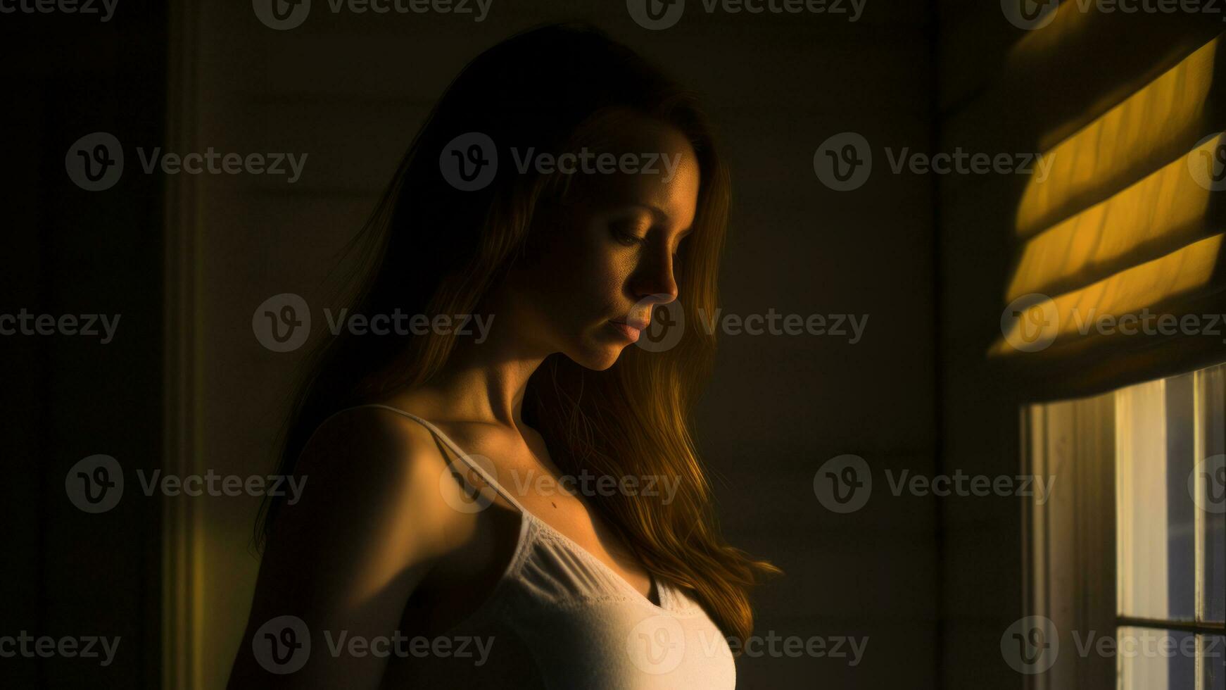 a woman in a white tank top standing in front of a window generative AI photo