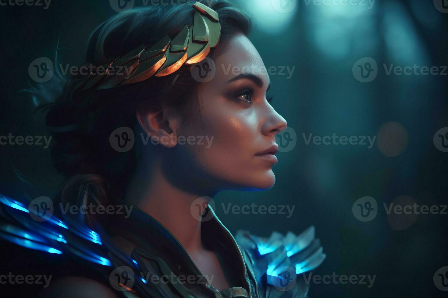 a woman in armor with glowing wings in the dark generative AI photo