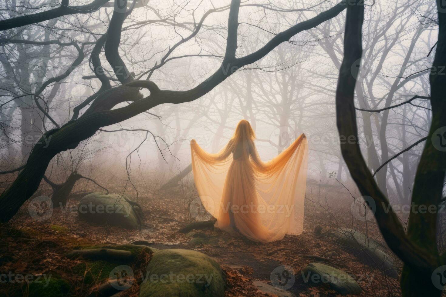 a woman in an orange dress standing in the middle of a foggy forest generative AI photo