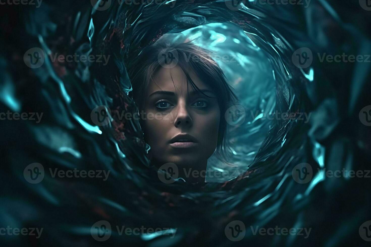 a woman in the center of a dark tunnel generative AI photo