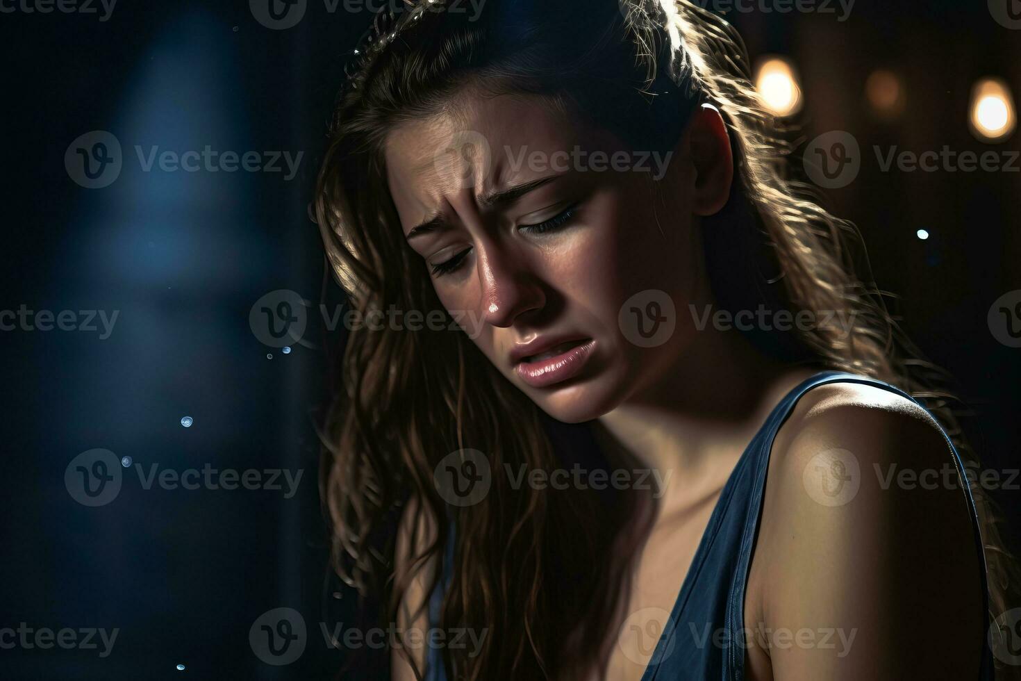a woman is crying in a dark room generative AI photo
