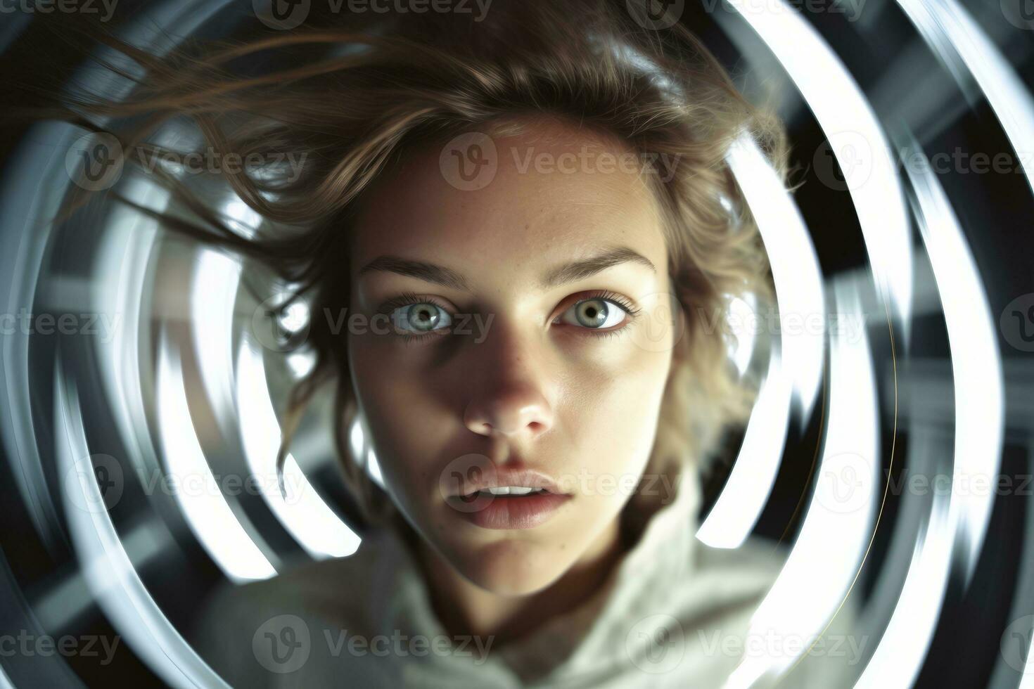 a woman is looking at the camera in a dark room generative AI photo