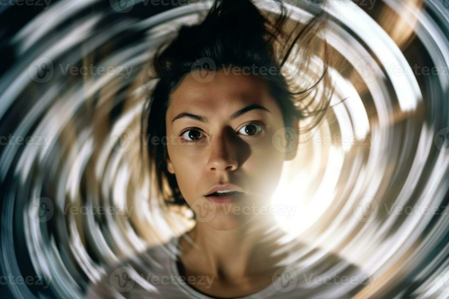 a woman is looking into the camera in a circular motion generative AI photo