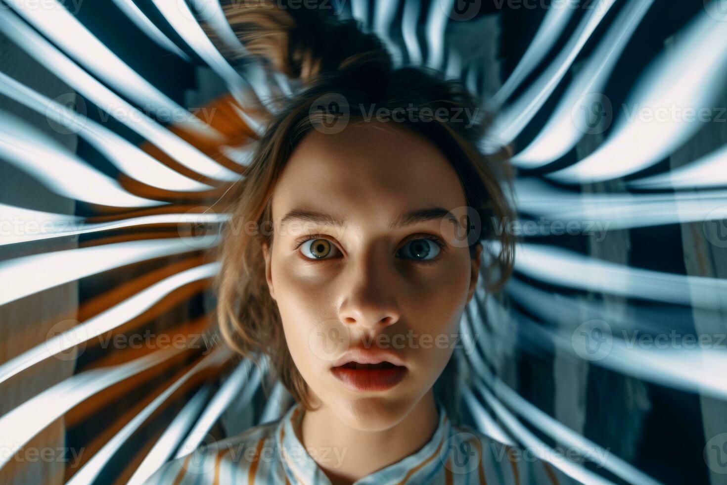 a woman is looking into the camera with a white background generative AI photo