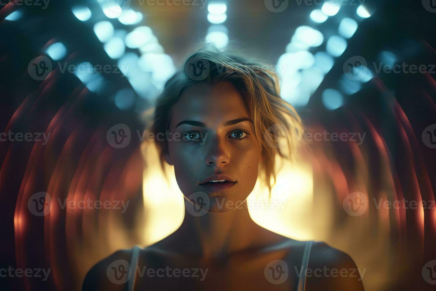 a woman is looking into the camera in a dark tunnel generative AI photo