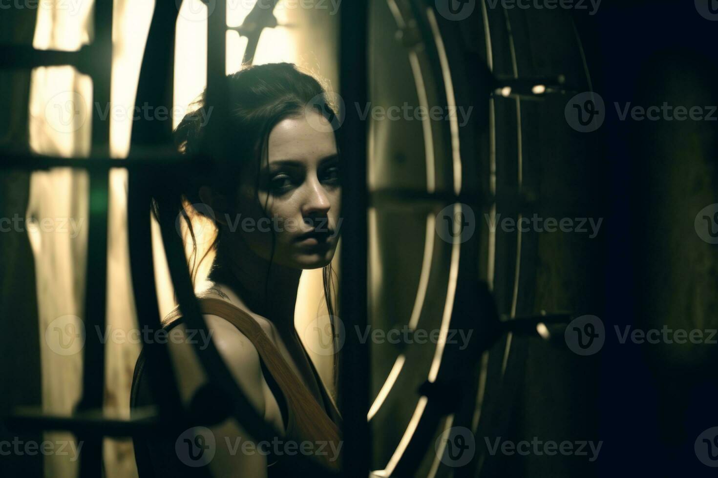 a woman is looking through a window in a dark room generative AI photo