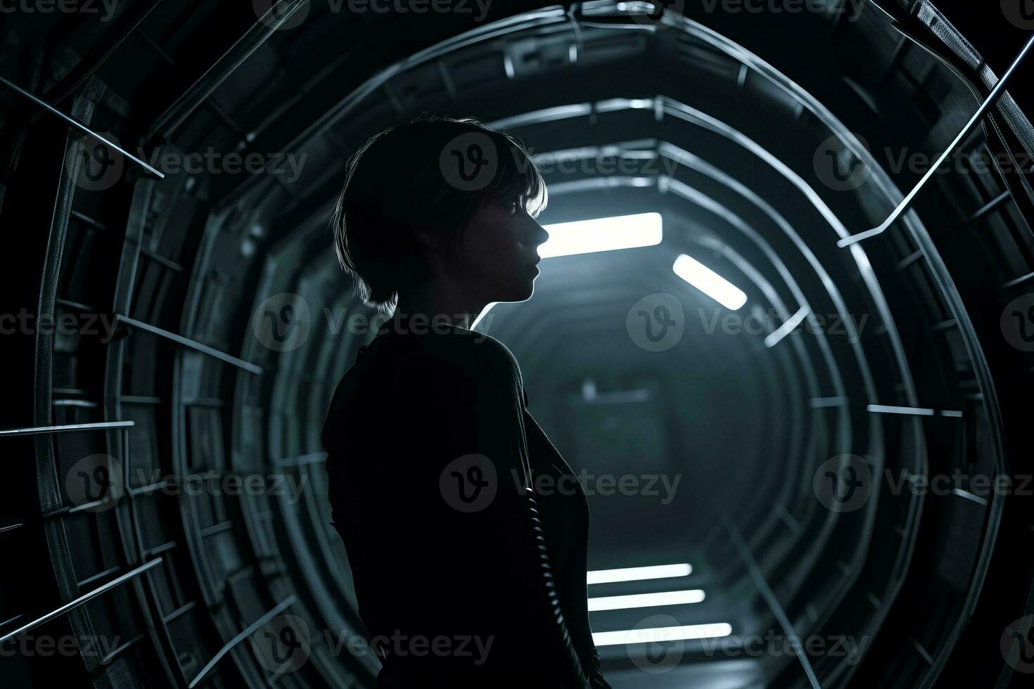 a woman is standing in a dark tunnel generative AI photo