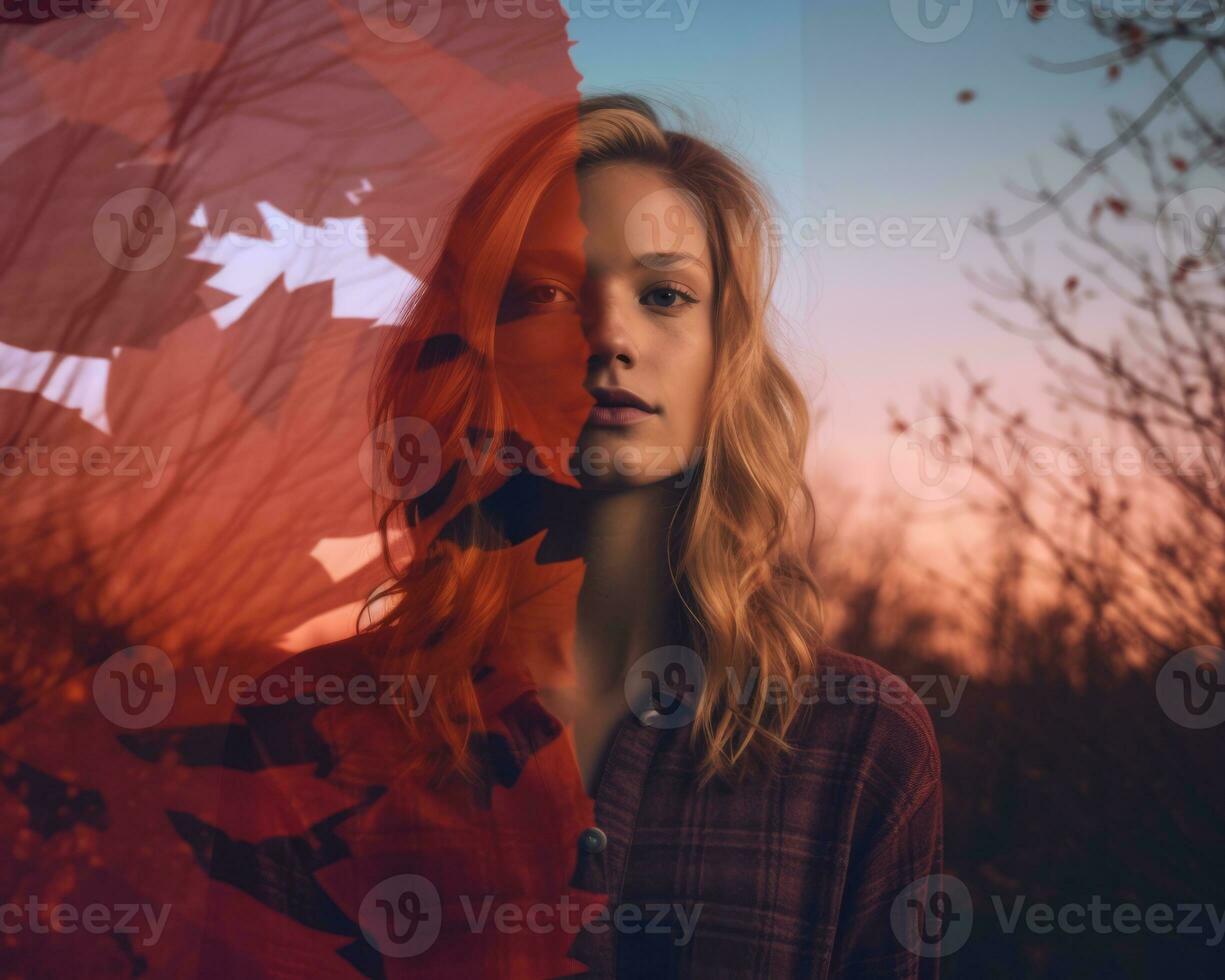 a woman is standing in front of a red leaf generative AI photo
