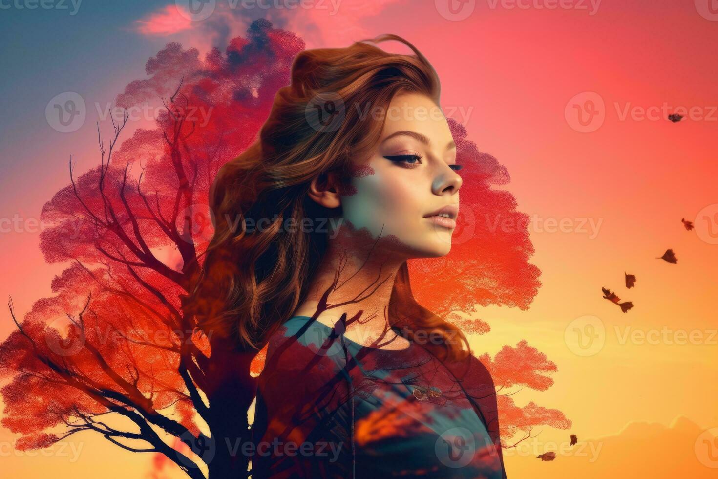 a woman is standing in front of a tree with a sunset in the background generative AI photo